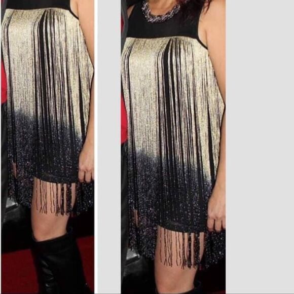 Frank Lyman Black & Gold Ombré Fringe Mini Cocktail Dress - Size S - Picture 2 of 8